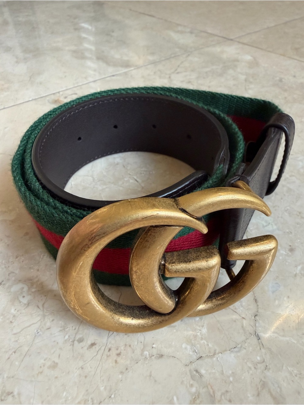 Gucci Green Red Web Stripe Belt with Antiqued Gold Double G Buckle
